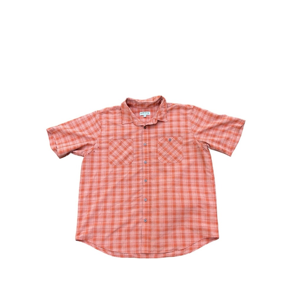 Orvis Shirt Mens 2X XXL Orange Plaid Short Sleeve Button Up Classic Collection